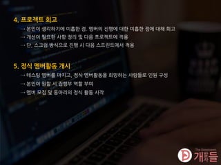 4. 프로젝트 회고
→ 본인이 생각하기에 미흡한 점. 멤버의 진행에 대한 미흡한 점에 대해 회고
5. 정식 멤버활동 개시
→ 테스팅 멤버를 마치고, 정식 멤버활동을 희망하는 사람들로 인원 구성
→ 본인이 원할 시 집행부 역할 부여
→ 개선이 필요한 사항 정리 및 다음 프로젝트에 적용
→ 단, 스크럼 방식으로 진행 시 다음 스프린트에서 적용
→ 멤버 모집 및 동아리의 정식 활동 시작
 