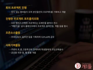 진행한 프로젝트 포트폴리오화
→ 모든 멤버가 진행한 프로젝트는 도메인을 붙여서 전시
→ “개발자들” 공식 홈페이지에서 프로젝트 참여인원, 역할 등을 명시
오픈소스활동
→ 프레임워크, 솔루션 등을 기획하여 Github에 공유
토이 프로젝트 진행
→ 뜻이 맞는 멤버들이 모여 본인들만의 프로젝트를 기획하고 개발
사회기여활동
→ 주변의 초,중,고등학교와 연계하여 학생들에게 코딩교육봉사
→ 공공을 위한 앱, 웹 등을 개발
 