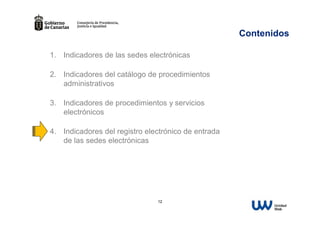 Contenidos
1. Indicadores de las sedes electrónicas
2. Indicadores del catálogo de procedimientos
administrativos
3. Indicadores de procedimientos y servicios
electrónicos
4. Indicadores del registro electrónico de entrada
de las sedes electrónicas

12

 