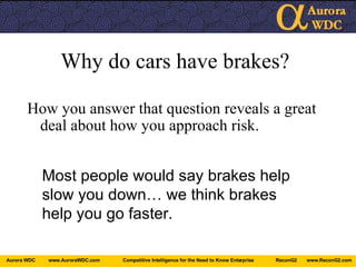 Why do cars have brakes? How you answer that question reveals a great deal about how you approach risk. Most people would say brakes help slow you down… we think brakes help you go faster. 