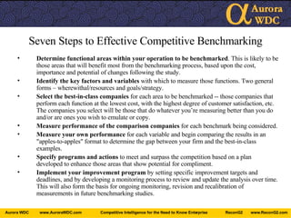 Seven Steps to Effective Competitive Benchmarking Determine functional areas within your operation to be benchmarked . This is likely to be those areas that will benefit most from the benchmarking process, based upon the cost, importance and potential of changes following the study. Identify the key factors and variables  with which to measure those functions. Two general forms – wherewithal/resources and goals/strategy. Select the best-in-class companies  for each area to be benchmarked -- those companies that perform each function at the lowest cost, with the highest degree of customer satisfaction, etc. The companies you select will be those that do whatever you’re measuring better than you do and/or are ones you wish to emulate or copy. Measure performance of the comparison companies  for each benchmark being considered. Measure your own performance  for each variable and begin comparing the results in an "apples-to-apples" format to determine the gap between your firm and the best-in-class examples. Specify programs and actions  to meet and surpass the competition based on a plan developed to enhance those areas that show potential for compliment. Implement your improvement program  by setting specific improvement targets and deadlines, and by developing a monitoring process to review and update the analysis over time. This will also form the basis for ongoing monitoring, revision and recalibration of measurements in future benchmarking studies. 
