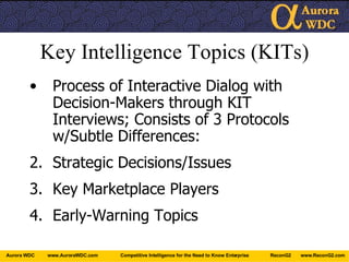 Key Intelligence Topics (KITs) Process of Interactive Dialog with Decision-Makers through KIT Interviews; Consists of 3 Protocols w/Subtle Differences: Strategic Decisions/Issues Key Marketplace Players Early-Warning Topics 