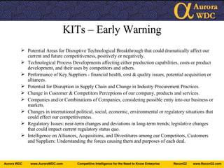 KITs – Early Warning Potential Areas for Disruptive Technological Breakthrough that could dramatically affect our current and future competitiveness, positively or negatively. Technological Process Developments affecting either production capabilities, costs or product development, and their uses by competitors and others. Performance of Key Suppliers - financial health, cost & quality issues, potential acquisition or alliances. Potential for Disruption in Supply Chain and Change in Industry Procurement Practices. Change in Customer & Competitors Perceptions of our company, products and services. Companies and/or Combinations of Companies, considering possible entry into our business or markets. Changes in international political, social, economic, environmental or regulatory situations that could effect our competitiveness. Regulatory Issues: near-term changes and deviations in long-term trends; legislative changes that could impact current regulatory status quo. Intelligence on Alliances, Acquisitions, and Divestitures among our Competitors, Customers and Suppliers: Understanding the forces causing them and purposes of each deal. 