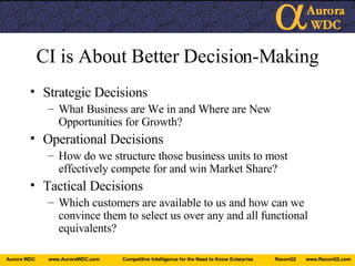 CI is About Better Decision-Making Strategic Decisions What Business are We in and Where are New Opportunities for Growth? Operational Decisions How do we structure those business units to most effectively compete for and win Market Share? Tactical Decisions Which customers are available to us and how can we convince them to select us over any and all functional equivalents? 