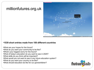 millionfutures.org.uk 1539 short entries made from 100 different countries What are your hopes for the future? What do you want your community to be like? What’s your biggest worry for the future? What of today’s education do you want to see in 2025? What skills do you think will be important? What would you not want to see in any future education system? What do you want your country to be like? What should education be like for our grandchildren? 