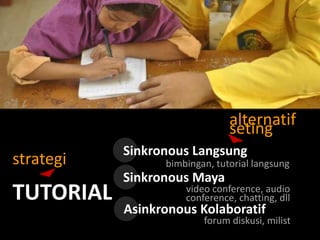 alternatif
seting
strategi

TUTORIAL

Sinkronous Langsung
bimbingan, tutorial langsung

Sinkronous Maya

video conference, audio
conference, chatting, dll

Asinkronous Kolaboratif

forum diskusi, milist

 