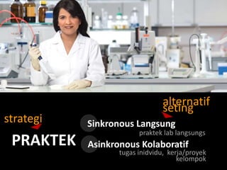 strategi

PRAKTEK

alternatif
seting
Sinkronous Langsung
praktek lab langsungs

Asinkronous Kolaboratif

tugas inidvidu, kerja/proyek
kelompok

 