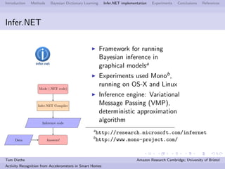 Introduction Methods Bayesian Dictionary Learning Infer.NET implementation Experiments Conclusions References
Infer.NET
Mode (.NET code)
Infer.NET Compiler
Inference code
Answers!Data
Framework for running
Bayesian inference in
graphical modelsa
Experiments used Monob,
running on OS-X and Linux
Inference engine: Variational
Message Passing (VMP),
deterministic approximation
algorithm
a
http://research.microsoft.com/infernet
b
http://www.mono-project.com/
Tom Diethe Amazon Research Cambridge; University of Bristol
Activity Recognition from Accelerometers in Smart Homes
 