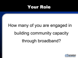 Your Role
How many of you are engaged in
building community capacity
through broadband?
 