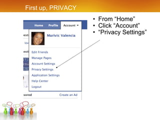 First up, PRIVACY From “Home” Click “Account” “ Privacy Settings” 