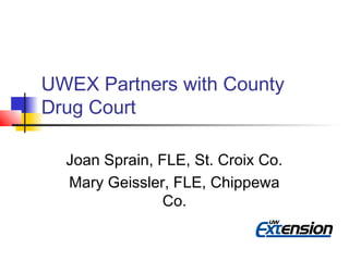 UWEX Partners with County
Drug Court
Joan Sprain, FLE, St. Croix Co.
Mary Geissler, FLE, Chippewa
Co.
 