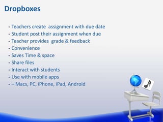 Dropboxes

 •   Teachers create assignment with due date
 •   Student post their assignment when due
 •   Teacher provides grade & feedback
 •   Convenience
 •   Saves Time & space
 •   Share files
 •   Interact with students
 •   Use with mobile apps
 •   – Macs, PC, iPhone, iPad, Android
 