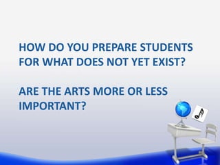 HOW DO YOU PREPARE STUDENTS
FOR WHAT DOES NOT YET EXIST?

ARE THE ARTS MORE OR LESS
IMPORTANT?
 