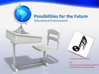 Possibilities for the Future
Educational Environment




                          Created for UWF EME6317
                          BY:
                          Charlotte Brasell, Reginald Campbell
                          Todd Mendoza and Karen Seder
 