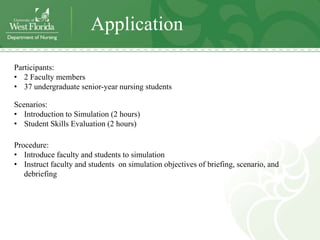 Application

Participants:
• 2 Faculty members
• 37 undergraduate senior-year nursing students

Scenarios:
• Introduction to Simulation (2 hours)
• Student Skills Evaluation (2 hours)

Procedure:
• Introduce faculty and students to simulation
• Instruct faculty and students on simulation objectives of briefing, scenario, and
   debriefing
 
