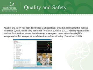 Quality and Safety


Quality and safety has been determined as critical focus areas for improvement in nursing
education (Quality and Safety Education for Nurses (QSEN), 2012). Nursing organizations
such as the American Nurses Association (ANA) support the evidence-based QSEN
competencies that incorporate simulation for a culture of safety (Barnsteiner, 2011).
 