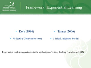 Framework: Experiential Learning




              • Kolb (1984)                              • Tanner (2006)

           Reflective Observation (RO)                  Clinical Judgment Model




Experiential evidence contributes to the application of critical thinking (Newhouse, 2007).
 