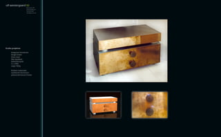 ulf westergaard ID
                       Dianavej 28
                       2610 Rødovre
                       30325487
                       ulfw@privat.dk




Audio projekter

	    Integreret forstærker
	    Single Ended
	    Dual mono
	    Non feedback
	    batteriforsynet
	    2 x 18W
	    vægt: 95kg
	
	    Kabinet materialer:
	    anodiseret aluminium
	    patinerede bronze fronter
 