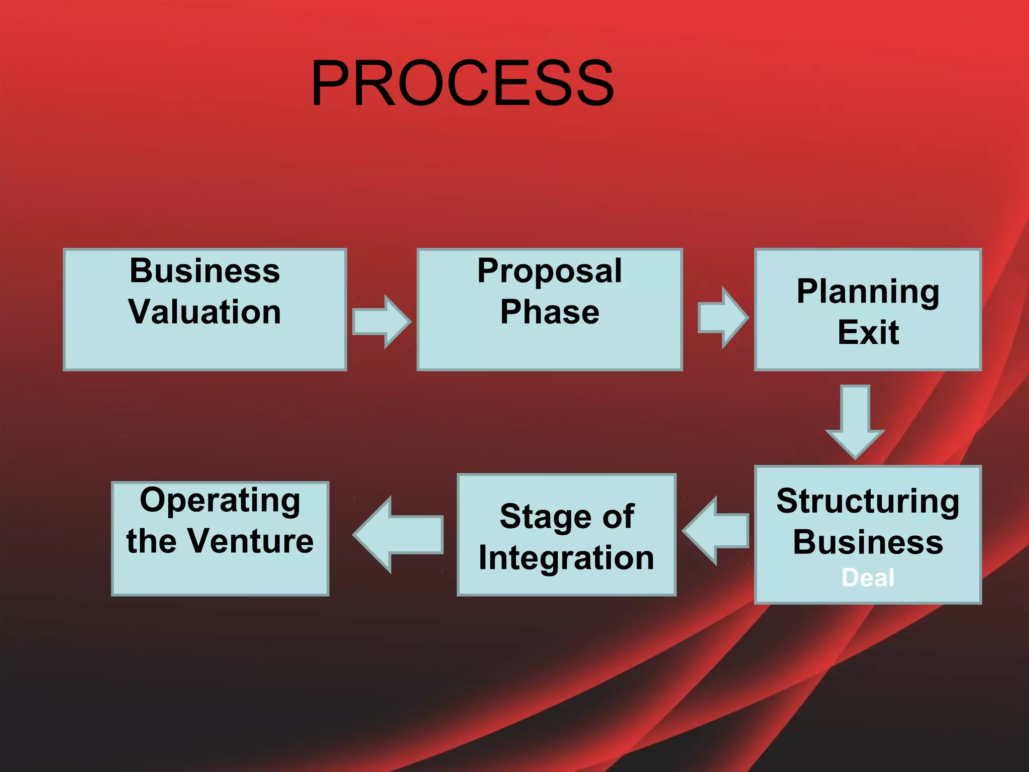 PROCESS

Business       Proposal
                              Planning
Valuation       Phase
                                Exit



 Operating       Stage of    Structuring
the Venture    Integration    Business
                                Deal
 