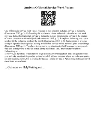 Analysis Of Social Service Work Values
One of the social service work values required in this situation includes, service to humanity
(Ramsarran, 2015, p. 3). Referencing the text on the values and ethnics of social service work
provided during first semester, service to humanity focuses on upholding service in the interest
of others consistent with social justice (Ramsarran, 2015, p. 3). It explores balancing one s own
needs with the collective needs of the people (Ramsarran, 2015, p. 3). Furthermore, it involves
acting in a professional capacity, placing professional service before personal goals or advantage
(Ramsarran, 2015, p. 3). The above is relevant to my situation in that I balanced my own needs
with that of the people in Jessica and all of the individuals she... Show more content on
Helpwriting.net ...
Moreover, as it pertains to the element of give and take within feedback had I not generated this
give and take solution it is possible to have been left with an outcome where not only was Jessica
not able sign my papers, but in waiting for Jessica I spend my day at Aptus doing nothing where I
could have been at home
... Get more on HelpWriting.net ...
 