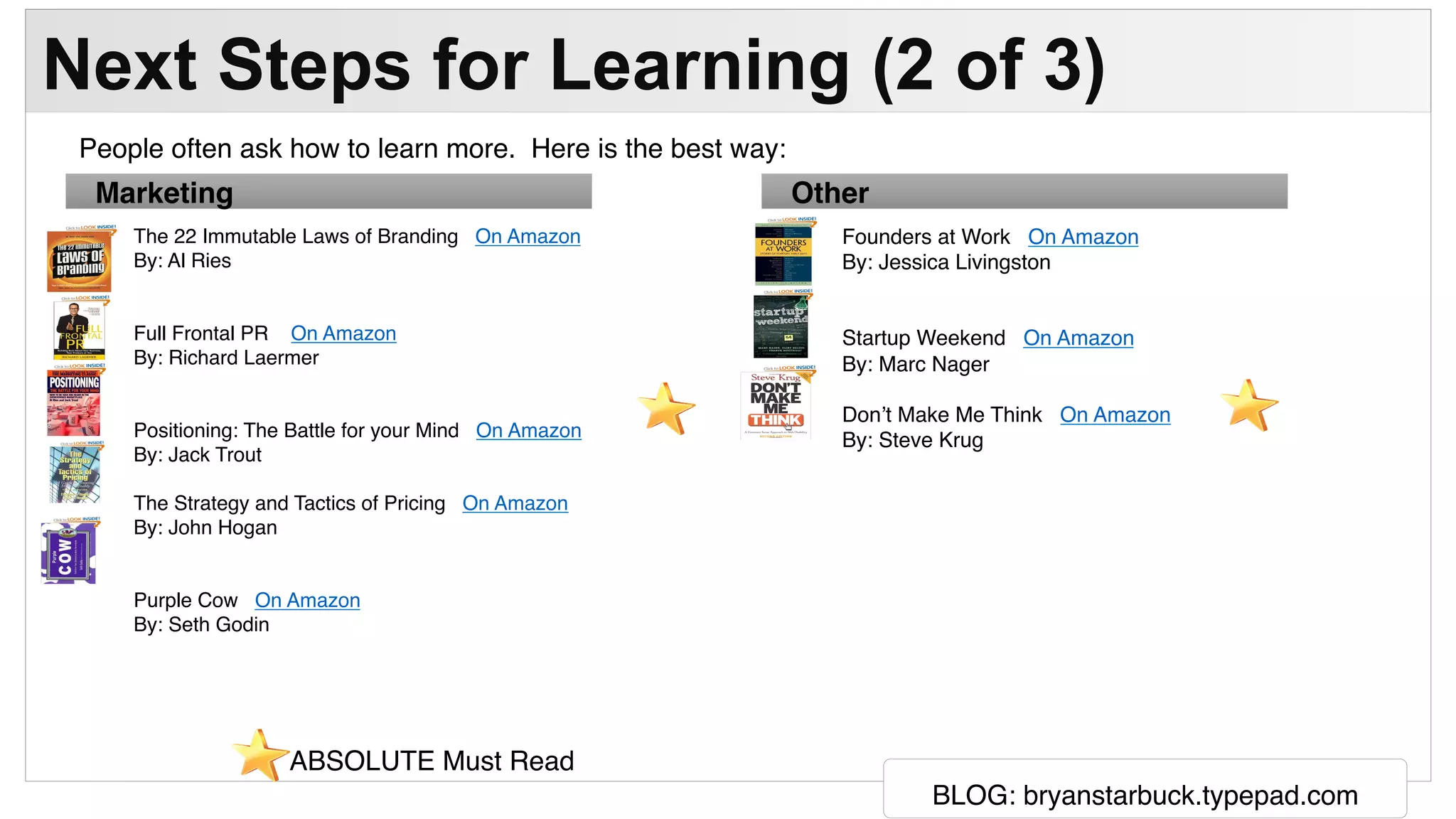 BLOG: bryanstarbuck.typepad.com
Next Steps for Learning (2 of 3)
People often ask how to learn more. Here is the best way:
Marketing
The 22 Immutable Laws of Branding On Amazon
By: Al Ries
Full Frontal PR On Amazon
By: Richard Laermer
Positioning: The Battle for your Mind On Amazon
By: Jack Trout
The Strategy and Tactics of Pricing On Amazon
By: John Hogan
Purple Cow On Amazon
By: Seth Godin
Other
Founders at Work On Amazon
By: Jessica Livingston
Startup Weekend On Amazon
By: Marc Nager
Don’t Make Me Think On Amazon
By: Steve Krug
ABSOLUTE Must Read
 