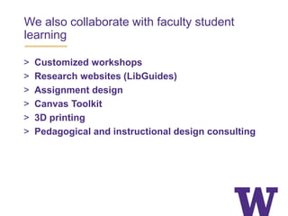 We also collaborate with faculty student
learning
> Customized workshops
> Research websites (LibGuides)
> Assignment design
> Canvas Toolkit
> 3D printing
> Pedagogical and instructional design consulting
 