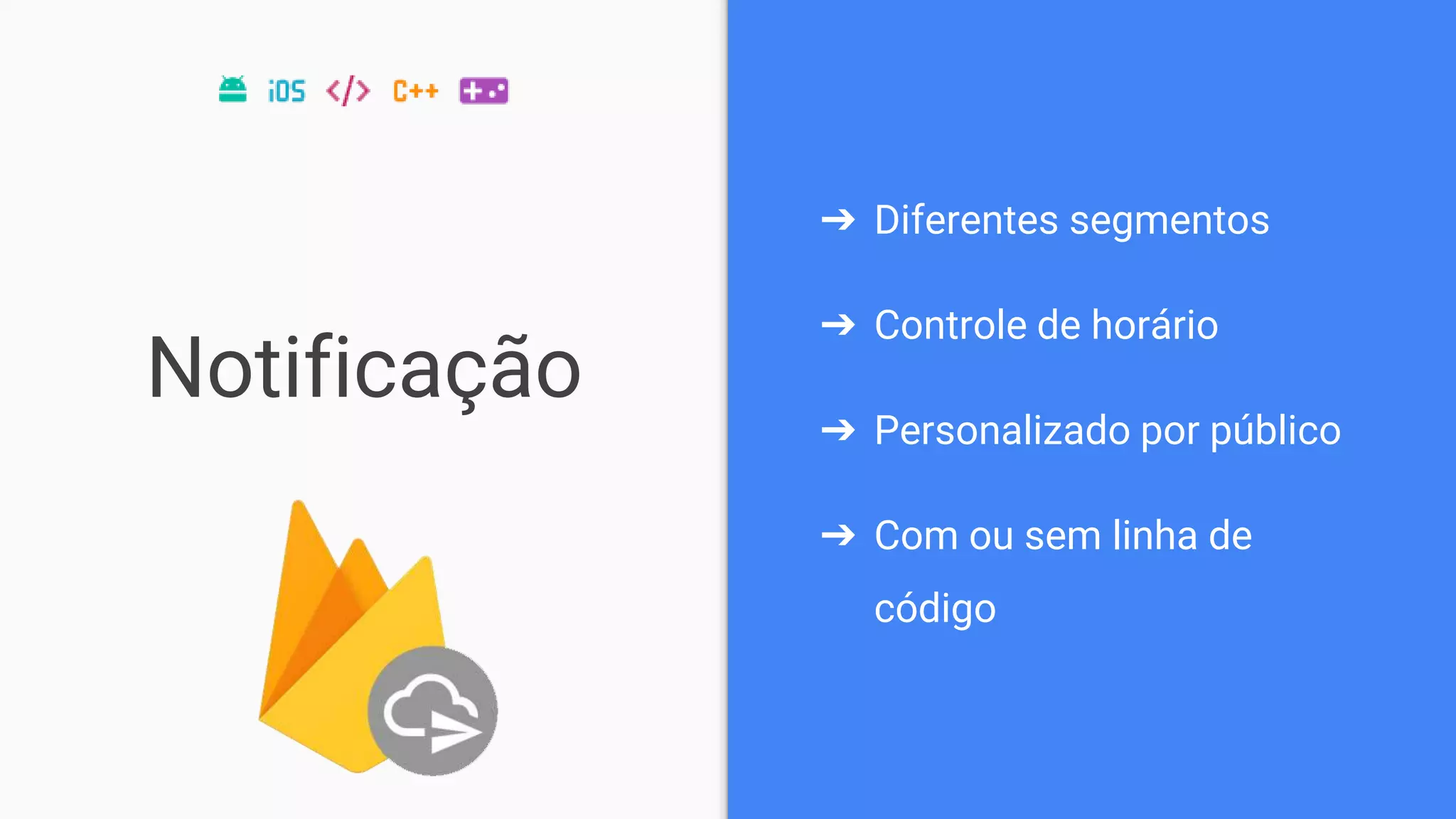 Notificação
➔ Diferentes segmentos
➔ Controle de horário
➔ Personalizado por público
➔ Com ou sem linha de
código
 