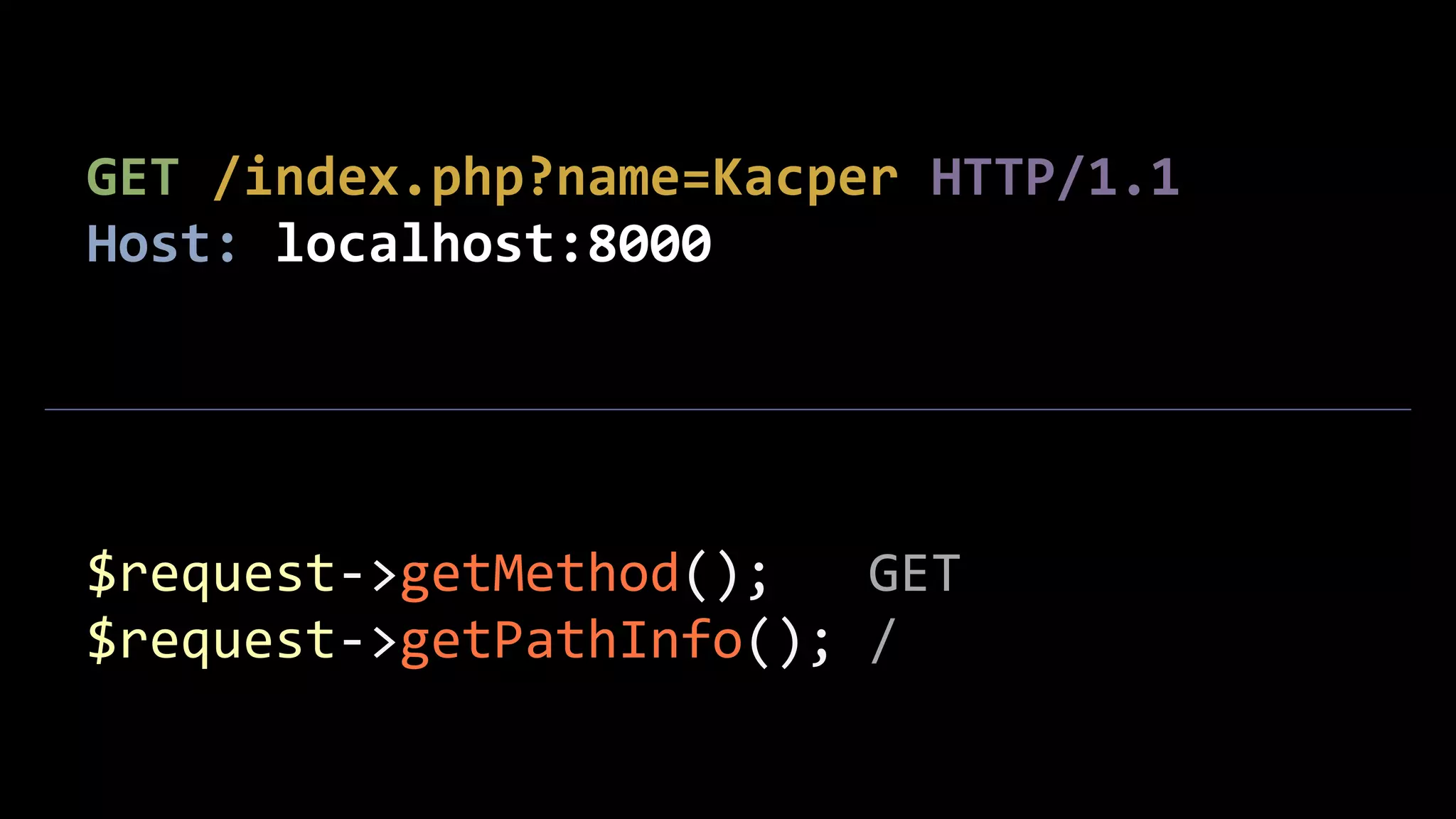 GET  /index.php?name=Kacper  HTTP/1.1   Host:  localhost:8000 $request-­‐>getMethod();      GET   $request-­‐>getPathInfo();  / 