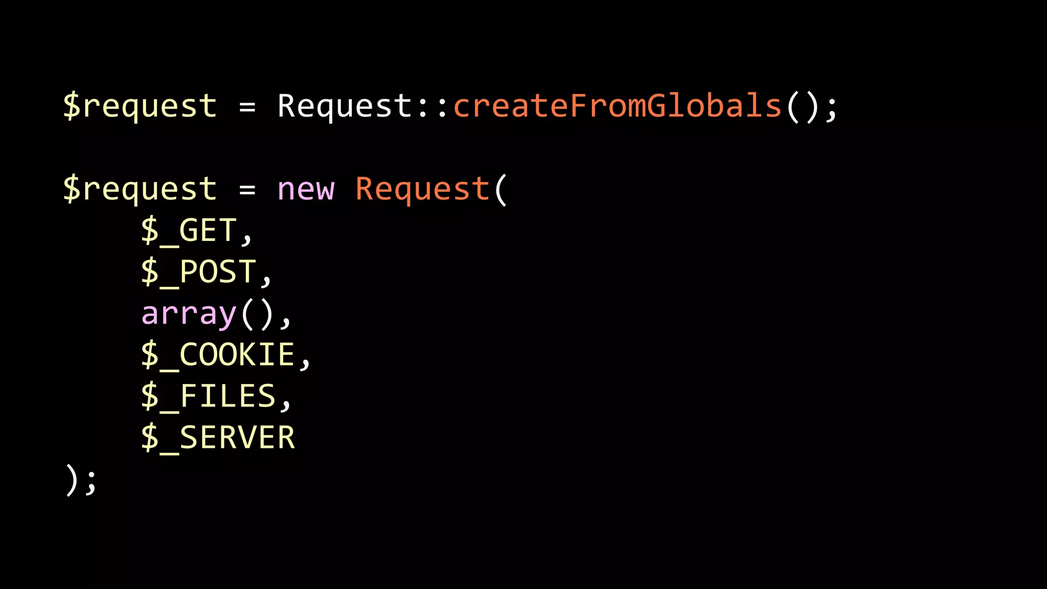 $request  =  Request::createFromGlobals();   ! $request  =  new  Request(          $_GET,          $_POST,          array(),          $_COOKIE,          $_FILES,          $_SERVER   ); 