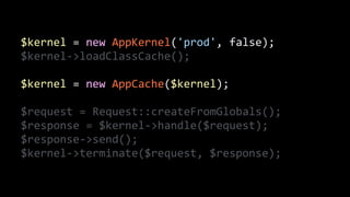 $kernel	
  =	
  new	
  AppKernel('prod',	
  false);	
  
$kernel-­‐>loadClassCache();	
  
!
$kernel	
  =	
  new	
  AppCache($kernel);	
  
!
$request	
  =	
  Request::createFromGlobals();	
  
$response	
  =	
  $kernel-­‐>handle($request);	
  
$response-­‐>send();	
  
$kernel-­‐>terminate($request,	
  $response);
 