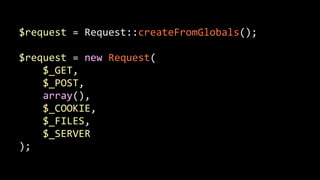 $request	
  =	
  Request::createFromGlobals();	
  
!
$request	
  =	
  new	
  Request(	
  
	
  	
  	
  	
  $_GET,	
  
	
  	
  	
  	
  $_POST,	
  
	
  	
  	
  	
  array(),	
  
	
  	
  	
  	
  $_COOKIE,	
  
	
  	
  	
  	
  $_FILES,	
  
	
  	
  	
  	
  $_SERVER	
  
);
 
