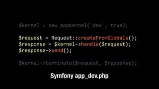 $kernel	
  =	
  new	
  AppKernel('dev',	
  true);	
  
!
$request	
  =	
  Request::createFromGlobals();	
  
$response	
  =	
  $kernel-­‐>handle($request);	
  
$response-­‐>send();	
  
!
$kernel-­‐>terminate($request,	
  $response);
Symfony app_dev.php
 