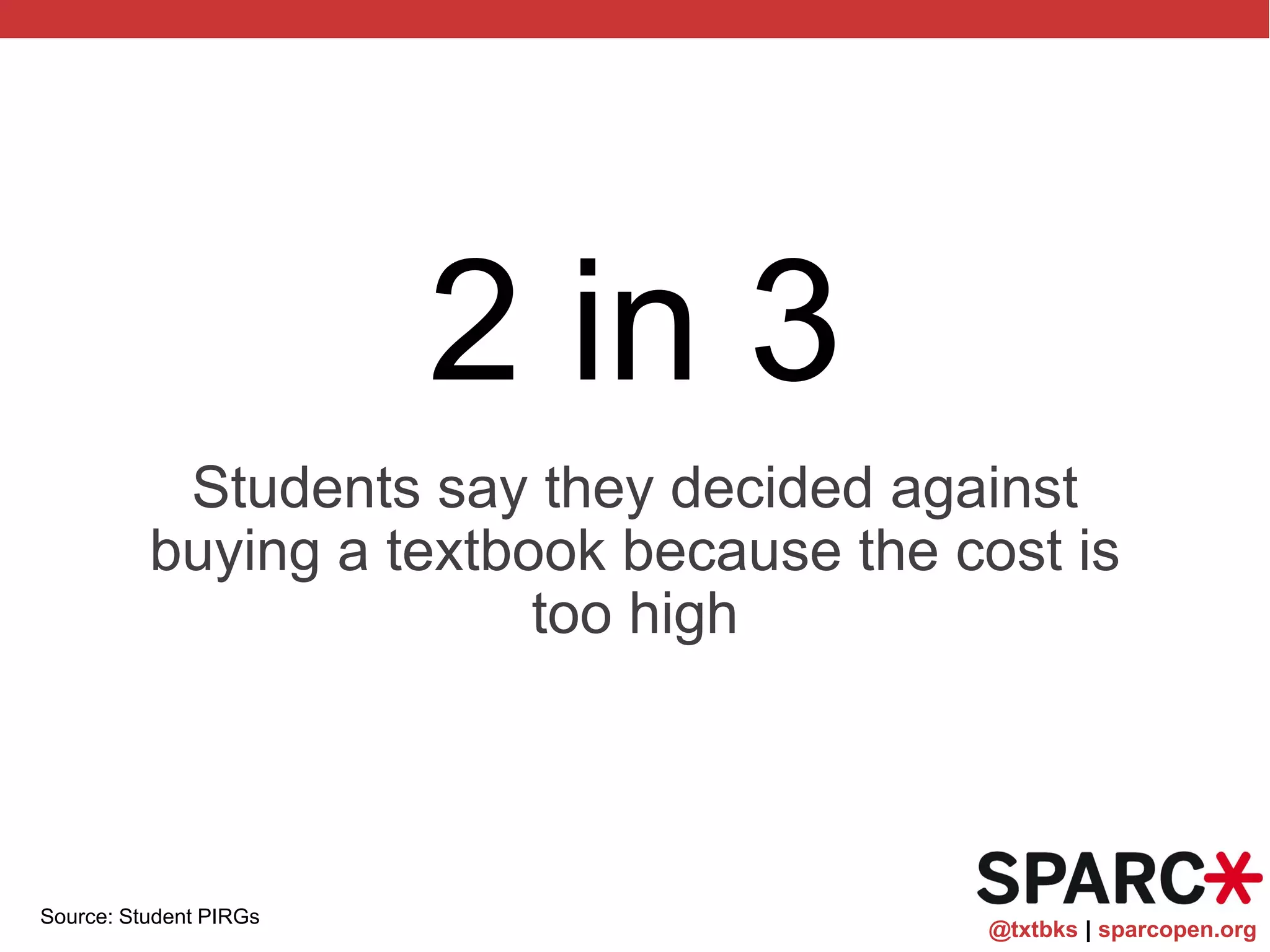 @txtbks | sparcopen.org
2 in 3
Students say they decided against
buying a textbook because the cost is
too high
Source: Student PIRGs
 