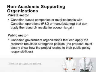 <ul><li>Non-Academic Supporting Organizations </li></ul><ul><li>Private sector </li></ul><ul><li>Canadian-based companies ...