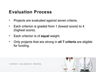 <ul><li>Evaluation Process </li></ul><ul><li>Projects are evaluated against seven criteria. </li></ul><ul><li>Each criteri...