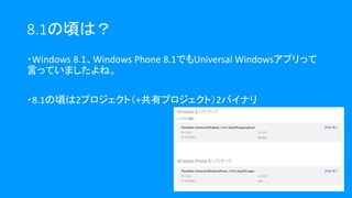 ・Windows 8.1、Windows Phone 8.1でもUniversal Windowsアプリって
言っていましたよね。
・8.1の頃は2プロジェクト（+共有プロジェクト）2バイナリ
8.1の頃は？
 