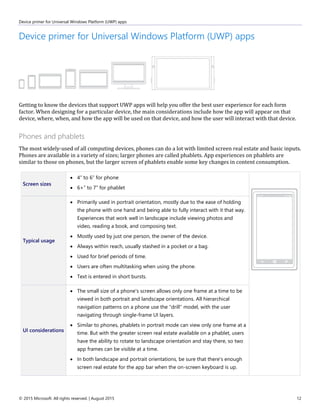 Device primer for Universal Windows Platform (UWP) apps
© 2015 Microsoft. All rights reserved. | August 2015 12
Device primer for Universal Windows Platform (UWP) apps
Getting to know the devices that support UWP apps will help you offer the best user experience for each form
factor. When designing for a particular device, the main considerations include how the app will appear on that
device, where, when, and how the app will be used on that device, and how the user will interact with that device.
Phones and phablets
The most widely-used of all computing devices, phones can do a lot with limited screen real estate and basic inputs.
Phones are available in a variety of sizes; larger phones are called phablets. App experiences on phablets are
similar to those on phones, but the larger screen of phablets enable some key changes in content consumption.
Screen sizes
 4” to 6” for phone
 6+” to 7” for phablet
Typical usage
 Primarily used in portrait orientation, mostly due to the ease of holding
the phone with one hand and being able to fully interact with it that way.
Experiences that work well in landscape include viewing photos and
video, reading a book, and composing text.
 Mostly used by just one person, the owner of the device.
 Always within reach, usually stashed in a pocket or a bag.
 Used for brief periods of time.
 Users are often multitasking when using the phone.
 Text is entered in short bursts.
UI considerations
 The small size of a phone's screen allows only one frame at a time to be
viewed in both portrait and landscape orientations. All hierarchical
navigation patterns on a phone use the "drill" model, with the user
navigating through single-frame UI layers.
 Similar to phones, phablets in portrait mode can view only one frame at a
time. But with the greater screen real estate available on a phablet, users
have the ability to rotate to landscape orientation and stay there, so two
app frames can be visible at a time.
 In both landscape and portrait orientations, be sure that there's enough
screen real estate for the app bar when the on-screen keyboard is up.
 