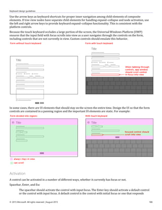 Keyboard design guidelines
© 2015 Microsoft. All rights reserved. | August 2015 180
Use the arrow keys as keyboard shortcuts for proper inner navigation among child elements of composite
elements. If tree view nodes have separate child elements for handling expand–collapse and node activation, use
the left and right arrow keys to provide keyboard expand–collapse functionality. This is consistent with the
platform controls.
Because the touch keyboard occludes a large portion of the screen, the Universal Windows Platform (UWP)
ensures that the input field with focus scrolls into view as a user navigates through the controls on the form,
including controls that are not currently in view. Custom controls should emulate this behavior.
In some cases, there are UI elements that should stay on the screen the entire time. Design the UI so that the form
controls are contained in a panning region and the important UI elements are static. For example:
Activation
A control can be activated in a number of different ways, whether it currently has focus or not.
Spacebar, Enter, and Esc
The spacebar should activate the control with input focus. The Enter key should activate a default control
or the control with input focus. A default control is the control with initial focus or one that responds
 