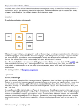 Plan your Universal Windows Platform (UWP) app
© 2015 Microsoft. All rights reserved. | August 2015 19
survive to move further into the funnel will receive successively high-fidelity treatments. In the end, you’ll have a
single design artifact that represents the winning idea. This is the idea that won because of its merits, not merely
because it came along first. You will have designed the best app you could.
Structure
Organization makes everything easier
When you're happy with your concept, you're ready for the next stage—creating your app's blueprint. Information
architecture (IA) gives your content the structural integrity it needs. It helps define your app's navigational model
and, ultimately, your app's identity. By planning how your content will be organized—and how your users will
discover that content—you can get a better idea of how users will experience your app.
Good IA not only facilitates user scenarios, but it helps you envision the key screens to start with. The Audible app,
for example, launches directly into a hub that provides access to the user's library, store, news, and stats. The
experience is focused, so users can get and enjoy audiobooks quickly. Deeper levels of the app focus on more
specific tasks.
For related guidelines, see Navigation design basics.
Dynamics
Execute your concept
If the concept stage is about defining your app's purpose, the dynamics stage is all about executing that purpose.
This can be accomplished in many ways, such as using wireframes to sketch out your page flows (how you get from
one place to the next within the app to achieve their goals), and thinking about the voice and the words used
throughout your app's UI. Wireframes are a quick, low-fidelity tool to help you make critical decisions about your
app's user flow.
Your app flow should be tightly tied to your "great at" statement, and should help users achieve that single scenario
that you want to light up. Great apps have flows that are easy to learn, and require minimal effort. Start thinking on
a screen-to-screen level—see your app as if you're using it for the first time. When you pinpoint user scenarios for
pages you create, you'll give people exactly what they want without lots of unnecessary screen touches. Dynamics
are also about motion. The right motion capabilities will determine fluidity and ease of use from one page to the
next.
 