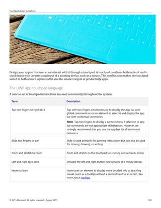 Touchpad design guidelines
© 2015 Microsoft. All rights reserved. | August 2015 199
Design your app so that users can interact with it through a touchpad. A touchpad combines both indirect multi-
touch input with the precision input of a pointing device, such as a mouse. This combination makes the touchpad
suited to both a touch-optimized UI and the smaller targets of productivity apps.
The UWP app touchpad language
A concise set of touchpad interactions are used consistently throughout the system.
Term Description
Tap two fingers to right-click Tap with two fingers simultaneously to display the app bar with
global commands or on an element to select it and display the app
bar with contextual commands.
Note Tap two fingers to display a context menu if selection or app
bar commands are not appropriate UI behaviors. However, we
strongly recommend that you use the app bar for all command
behaviors.
Slide two fingers to pan Slide is used primarily for panning interactions but can also be used
for moving, drawing, or writing.
Pinch and stretch to zoom Pinch and stretch on the touchpad for resizing and semantic zoom.
Left and right click zone Emulate the left and right button functionality of a mouse device.
Hover to learn Hover over an element to display more detailed info or teaching
visuals (such as a tooltip) without a commitment to an action. See
more about tooltips.
 
