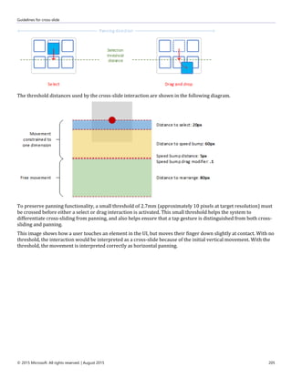 Guidelines for cross-slide
© 2015 Microsoft. All rights reserved. | August 2015 205
The threshold distances used by the cross-slide interaction are shown in the following diagram.
To preserve panning functionality, a small threshold of 2.7mm (approximately 10 pixels at target resolution) must
be crossed before either a select or drag interaction is activated. This small threshold helps the system to
differentiate cross-sliding from panning, and also helps ensure that a tap gesture is distinguished from both cross-
sliding and panning.
This image shows how a user touches an element in the UI, but moves their finger down slightly at contact. With no
threshold, the interaction would be interpreted as a cross-slide because of the initial vertical movement. With the
threshold, the movement is interpreted correctly as horizontal panning.
 