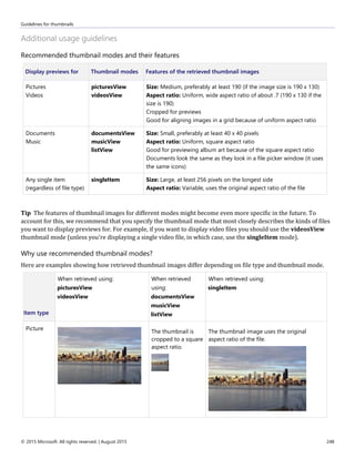 Guidelines for thumbnails
© 2015 Microsoft. All rights reserved. | August 2015 248
Additional usage guidelines
Recommended thumbnail modes and their features
Display previews for Thumbnail modes Features of the retrieved thumbnail images
Pictures
Videos
picturesView
videosView
Size: Medium, preferably at least 190 (if the image size is 190 x 130)
Aspect ratio: Uniform, wide aspect ratio of about .7 (190 x 130 if the
size is 190)
Cropped for previews
Good for aligning images in a grid because of uniform aspect ratio
Documents
Music
documentsView
musicView
listView
Size: Small, preferably at least 40 x 40 pixels
Aspect ratio: Uniform, square aspect ratio
Good for previewing album art because of the square aspect ratio
Documents look the same as they look in a file picker window (it uses
the same icons)
Any single item
(regardless of file type)
singleItem Size: Large, at least 256 pixels on the longest side
Aspect ratio: Variable, uses the original aspect ratio of the file
Tip The features of thumbnail images for different modes might become even more specific in the future. To
account for this, we recommend that you specify the thumbnail mode that most closely describes the kinds of files
you want to display previews for. For example, if you want to display video files you should use the videosView
thumbnail mode (unless you're displaying a single video file, in which case, use the singleItem mode).
Why use recommended thumbnail modes?
Here are examples showing how retrieved thumbnail images differ depending on file type and thumbnail mode.
Item type
When retrieved using:
picturesView
videosView
When retrieved
using:
documentsView
musicView
listView
When retrieved using:
singleItem
Picture
The thumbnail is
cropped to a square
aspect ratio.
The thumbnail image uses the original
aspect ratio of the file.
 