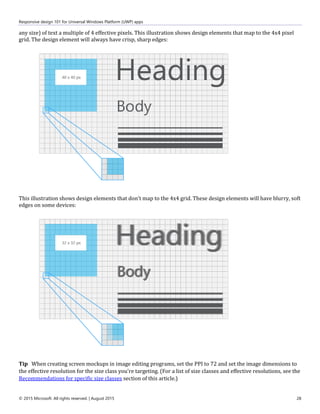 Responsive design 101 for Universal Windows Platform (UWP) apps
© 2015 Microsoft. All rights reserved. | August 2015 28
any size) of text a multiple of 4 effective pixels. This illustration shows design elements that map to the 4x4 pixel
grid. The design element will always have crisp, sharp edges:
This illustration shows design elements that don't map to the 4x4 grid. These design elements will have blurry, soft
edges on some devices:
Tip When creating screen mockups in image editing programs, set the PPI to 72 and set the image dimensions to
the effective resolution for the size class you're targeting. (For a list of size classes and effective resolutions, see the
Recommendations for specific size classes section of this article.)
 