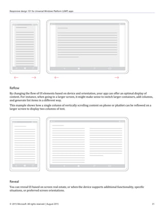 Responsive design 101 for Universal Windows Platform (UWP) apps
© 2015 Microsoft. All rights reserved. | August 2015 31
Reflow
By changing the flow of UI elements based on device and orientation, your app can offer an optimal display of
content. For instance, when going to a larger screen, it might make sense to switch larger containers, add columns,
and generate list items in a different way.
This example shows how a single column of vertically scrolling content on phone or phablet can be reflowed on a
larger screen to display two columns of text.
Reveal
You can reveal UI based on screen real estate, or when the device supports additional functionality, specific
situations, or preferred screen orientations.
 