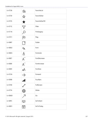 Guidelines for Segoe MDL2 icons
© 2015 Microsoft. All rights reserved. | August 2015 327
U+E728 FavoriteList
U+E734 FavoriteStar
U+E735 FavoriteStarFill
U+E71C Filter
U+E11A FindLegacy
U+E7C1 Flag
U+E8B7 Folder
U+E8D2 Font
U+E8D3 Fontcolor
U+E8E7 FontDecrease
U+E8E8 FontIncrease
U+E8E9 FontSize
U+E72A Forward
U+E908 FourBars
U+E740 FullScreen
U+E774 Globe
U+E8AD Go
U+E8FC GoToStart
U+E8D1 GoToToday
 