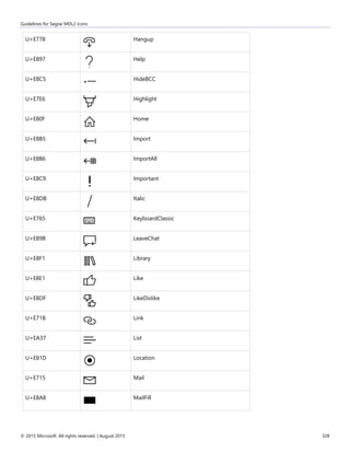 Guidelines for Segoe MDL2 icons
© 2015 Microsoft. All rights reserved. | August 2015 328
U+E778 Hangup
U+E897 Help
U+E8C5 HideBCC
U+E7E6 Highlight
U+E80F Home
U+E8B5 Import
U+E8B6 ImportAll
U+E8C9 Important
U+E8DB Italic
U+E765 KeyboardClassic
U+E89B LeaveChat
U+E8F1 Library
U+E8E1 Like
U+E8DF LikeDislike
U+E71B Link
U+EA37 List
U+E81D Location
U+E715 Mail
U+E8A8 MailFill
 