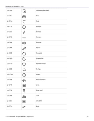 Guidelines for Segoe MDL2 icons
© 2015 Microsoft. All rights reserved. | August 2015 331
U+E8A6 ProtectedDocument
U+E8C3 Read
U+E7A6 Redo
U+E72C Refresh
U+E8AF Remote
U+E738 Remove
U+E8AC Rename
U+E90F Repair
U+E8EE RepeatAll
U+E8ED RepeatOne
U+E730 ReportHacked
U+E8EB Reshare
U+E7AD Rotate
U+E89E RotateCamera
U+E74E Save
U+E78C SaveLocal
U+E8FE Scan
U+E8B3 SelectAll
U+E724 Send
 