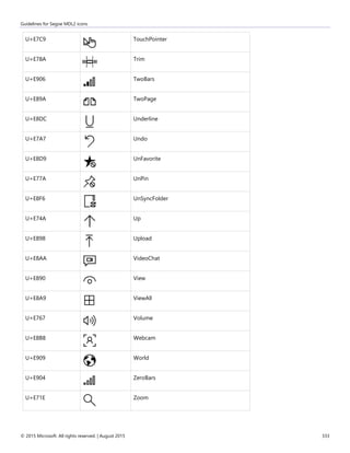 Guidelines for Segoe MDL2 icons
© 2015 Microsoft. All rights reserved. | August 2015 333
U+E7C9 TouchPointer
U+E78A Trim
U+E906 TwoBars
U+E89A TwoPage
U+E8DC Underline
U+E7A7 Undo
U+E8D9 UnFavorite
U+E77A UnPin
U+E8F6 UnSyncFolder
U+E74A Up
U+E898 Upload
U+E8AA VideoChat
U+E890 View
U+E8A9 ViewAll
U+E767 Volume
U+E8B8 Webcam
U+E909 World
U+E904 ZeroBars
U+E71E Zoom
 