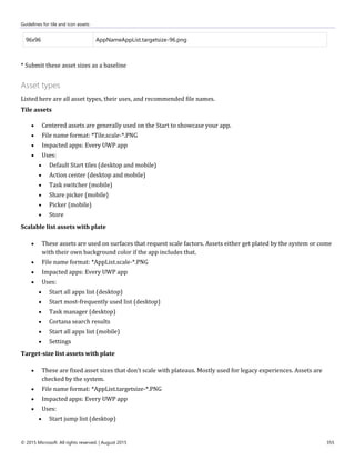 Guidelines for tile and icon assets
© 2015 Microsoft. All rights reserved. | August 2015 355
96x96 AppNameAppList.targetsize-96.png
* Submit these asset sizes as a baseline
Asset types
Listed here are all asset types, their uses, and recommended file names.
Tile assets
 Centered assets are generally used on the Start to showcase your app.
 File name format: *Tile.scale-*.PNG
 Impacted apps: Every UWP app
 Uses:
 Default Start tiles (desktop and mobile)
 Action center (desktop and mobile)
 Task switcher (mobile)
 Share picker (mobile)
 Picker (mobile)
 Store
Scalable list assets with plate
 These assets are used on surfaces that request scale factors. Assets either get plated by the system or come
with their own background color if the app includes that.
 File name format: *AppList.scale-*.PNG
 Impacted apps: Every UWP app
 Uses:
 Start all apps list (desktop)
 Start most-frequently used list (desktop)
 Task manager (desktop)
 Cortana search results
 Start all apps list (mobile)
 Settings
Target-size list assets with plate
 These are fixed asset sizes that don't scale with plateaus. Mostly used for legacy experiences. Assets are
checked by the system.
 File name format: *AppList.targetsize-*.PNG
 Impacted apps: Every UWP app
 Uses:
 Start jump list (desktop)
 