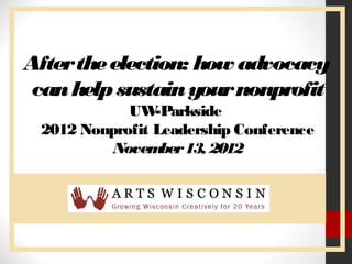 After the election: how advocacy
 can help sustain your nonprofit
            UW  -Parkside
 2012 Nonprofit Leadership Conference
          Novem 13, 2012
                 ber
 